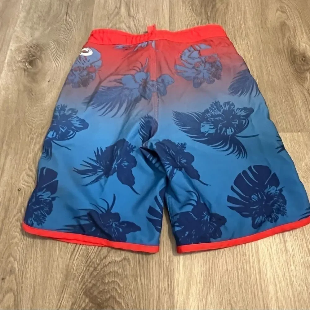 O'Rageous Red & Blue Hawaiian Print Board Shorts